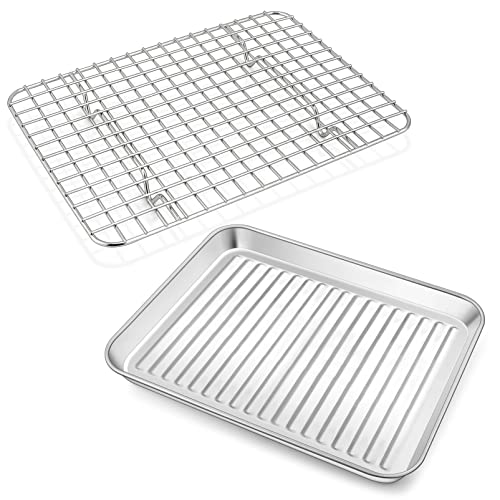 9 Inch Toaster Oven Pan with Rack, P&P CHEF Stainless Steel Baking Pan Toaster Oven Tray with Cooking Rack, Corrugated Bottom & Grid Mesh Rack, Oven Safe, 1 Pan +1 Rack