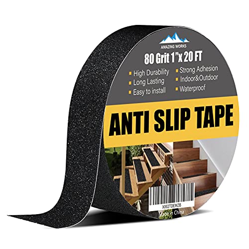Grip Tape - Heavy Duty Anti Slip Tape 80 Grit Non Slip for Stairs Outdoor/Indoor, Waterproof High Traction Stairs Non Skid Treads, Durable Triple Layer Adhesive - Black (1 Inch x 20 Feet)