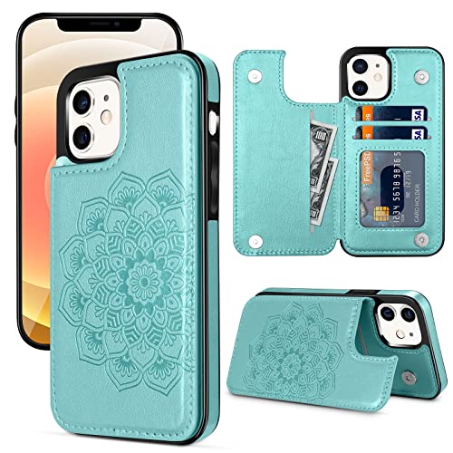 iMangoo for iPhone 12 Mini Case Wallet Credit Card Holder Slots, iPhone 12 Mini Cases for Women Embossed Mandala Flower Pattern PU Leather Double Magnet Clasp Flip Sleeve Cash Pocket Cover Mint