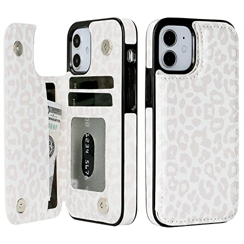 HAOPINSH for iPhone 12 Mini Wallet Case with Card Holder, White Leopard Pattern Back Flip Case PU Leather Kickstand Card Slots Case for Women Girls, Double Magnetic Clasp Shockproof Cover 5.4"