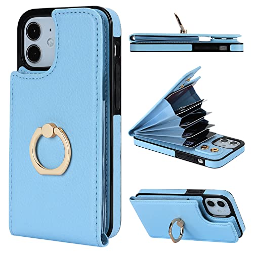 Folosu Compatible with iPhone 12 Mini Case Wallet with Card Holder, 360Rotation Finger Ring Holder Kickstand Protective RFID Blocking PU Leather Double Buttons Flip Shockproof Cover 5.4 Inch Blue