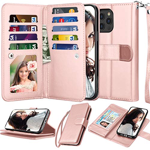 Njjex Compatible with iPhone 12 Mini Case/iPhone 12 Mini Wallet Case 5.4" (2020), [9 Card Slots] PU Leather ID Credit Holder Folio Flip [Detachable] Kickstand Magnetic Phone Cover & Lanyard -Rose Gold