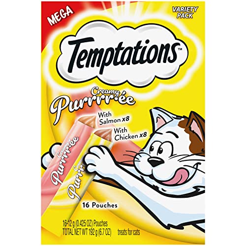 Temptations Creamy Puree with Chicken and Salmon, Variety Pack of Lickable Cat Treats, 0.42 Oz Pouches, 16 Count