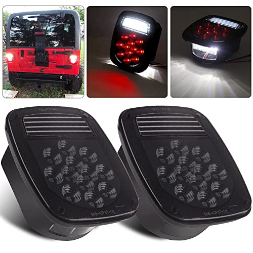 2Pcs Smoked Universal Rear Square Combination 39 LED Signal Tail Lights w/License Plate and Backup Reverse Lights Flatbed Trucks Brake Stop Turn Tail Light for Wrangler CJ TJ YJ Tail Lights Assembly