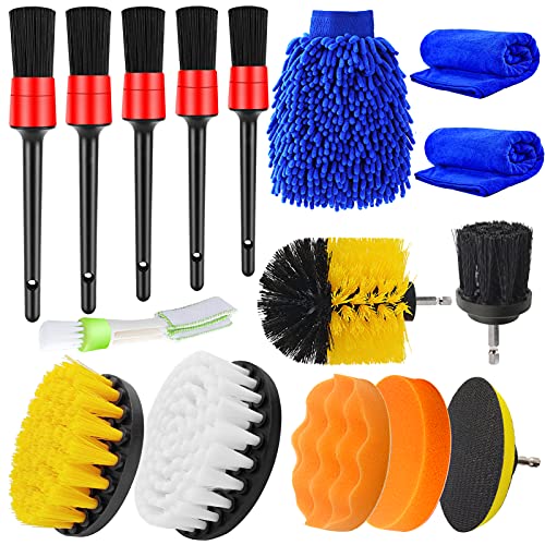 Jaronx 16PCS Car Detailing Brush Kit, Detail Brushes Car Detailing, Car Detail Cleaning Brush for Wheel, Exterior Interior Auto Detailing Brushes Set (Drill Brush, Wash Mitt, Towels, Polishing Pads)