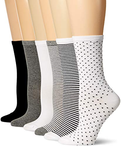 Amazon Essentials Women's Casual Crew Socks, 6 Pairs, Black/Grey, Stripe/Dots, 8-12