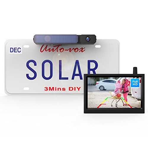 Upgrade Solar Wireless Backup Camera for Truck, AUTO-VOX 3Mins No Wires Install with Battery Powered Car Back Up Camera Systems, IP69K Waterproof Vehicles License Plate Reverse Camera for Trailer/SUV