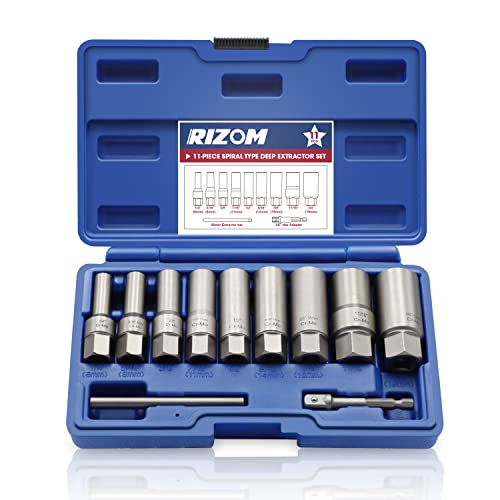 RIZOM 11-Piece Spiral Type Deep Bolt Extractor Set, Stripped Nut Remover Set, for Removing Spark Plug, Broken Bolts, Studs, Fittings, Threaded Pipes and Pins