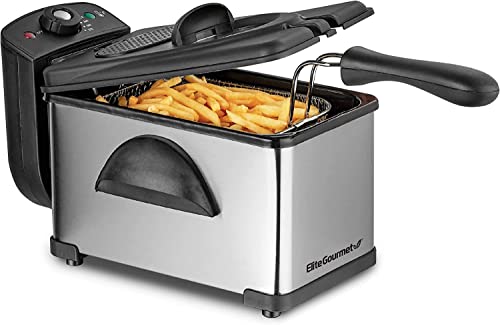 Elite Gourmet EDF2100 Electric Immersion Deep Fryer Removable Basket Adjustable Temperature, Lid with Viewing Window and Odor Free Filter, 2 Quart / 8.2 cup