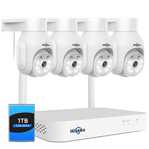 Dual Wi-Fi, 2-Way Audio Hiseeu 5MP WiFi PTZ Security Camera System, 4K Expandable 10CH NVR,1TB Hard Drive,12V DC Power Cords, IP66 Waterproof, Motion Alert, Plug&Play, 24/7 Time Record, Auto Track