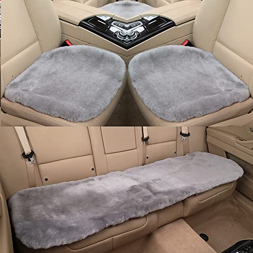 Soft Genuine Sheepskin Car Seat Cover, Fluffy Comfy Pad, Fuzzy Wool Auto Front Seat Cushions For Universal Vehicle, Suv, Jeep(Grey, 3pcs Full Set)