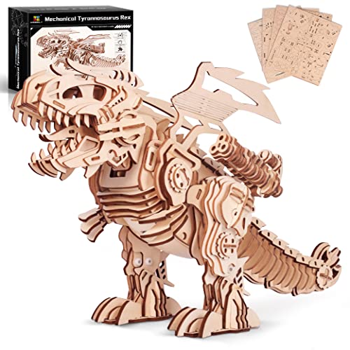 MIEBELY 3D Wooden Puzzles Electric T-Rex Dinosaur Toys Walking w/Realistic Roaring Sound 366pcs Wood Model Kit Wooden Mechanical Toy Hobby Gift for Him, Men, Boys, Teens, and Adults Home Dcor Craft