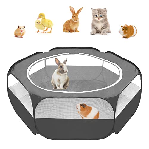 Amakunft Guinea Pig Playpen with Cover, Hamster Playpen with Top, Rabbit Pop Up Playpen with Roof, Small Animal Play Pen Indoor, for Ferret/Chinchilla/Bearded Dragon/Rat/Kitten (Black)