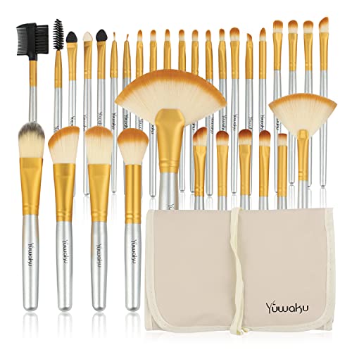 Champagne Makeup Brushes Set, Valentines Day Gifts for Kids,Yuwaku Silver Foundation Powder Blush Eyeshadow Brushes Blending 32 Piece NO Shed Cruelty-Free Synthetic Fiber Bristles Cosmetic Brushes with Travel Case
