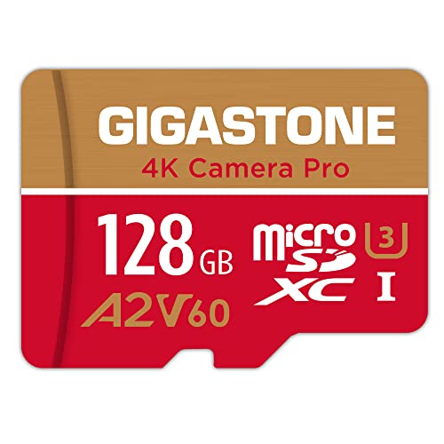 Gigastone [5-Yrs Free Data Recovery] 128GB Micro SD Card, 4K Camera Pro, A2 V60 MicroSDXC Memory Card for Smartphone, Gopro, Action Cams, 4K UHD Video, Up to 120/80 MB/s, UHS-I U3 C10 with Adapter