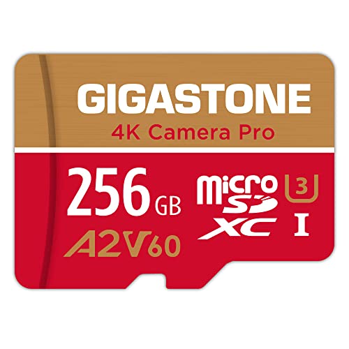 [5-Yrs Free Data Recovery] Gigastone 256GB Micro SD Card, 4K Camera Pro, A2 V60 MicroSDXC Memory Card for Smartphone, Gopro, Action Cams, 4K UHD Video, Up to 130/85 MB/s, UHS-I U3 C10 with Adapter