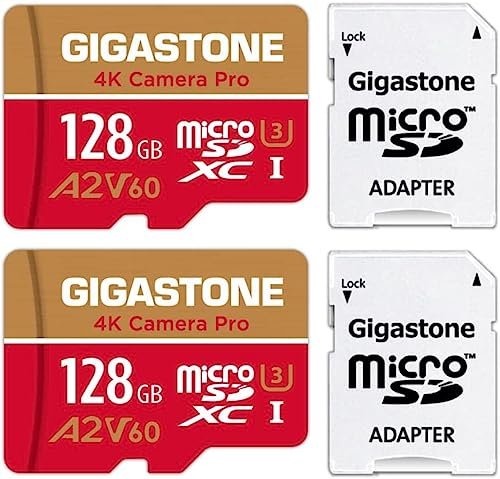 [5-Yrs Free Data Recovery] Gigastone 128GB 2-Pack Micro SD Card, 4K Camera Pro, A2 V60 MicroSDXC Memory Card for Gopro, Action Cams, 4K UHD Video, Up to 120/80 MB/s, UHS-I U3 C10 with Adapter