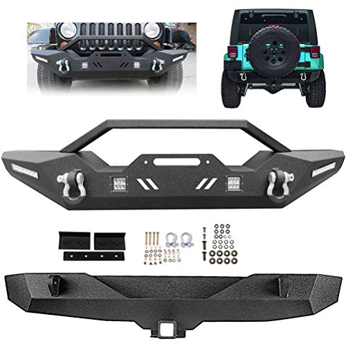 Aintier Texture Black Steel Front & Rear Bumper Combo with D-ring LED Lights Compatible for Jeep Wrangler JK 2007-2018