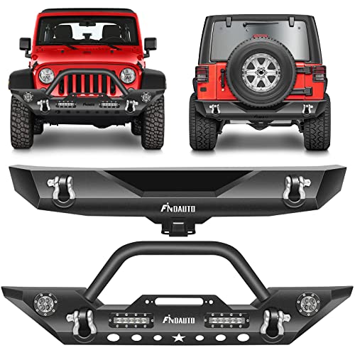 FINDAUTO Front Bumper & Rear Bumper Combo Fit for 2007-2018 for Jeep Wrangler JK Upgraded Textured Black Rock Crawler Bumper with Winch Plate & LED Light and D-Rings