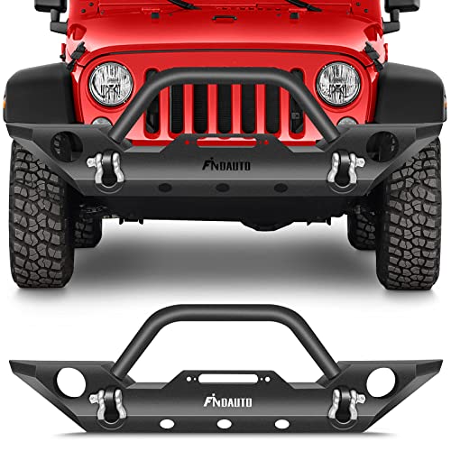 FINDAUTO Front Bumper Fit for 2007-2018 for Jeep Wrangler JK Upgraded Textured Black Rock Crawler Bumper with D-ring and Winch Plate