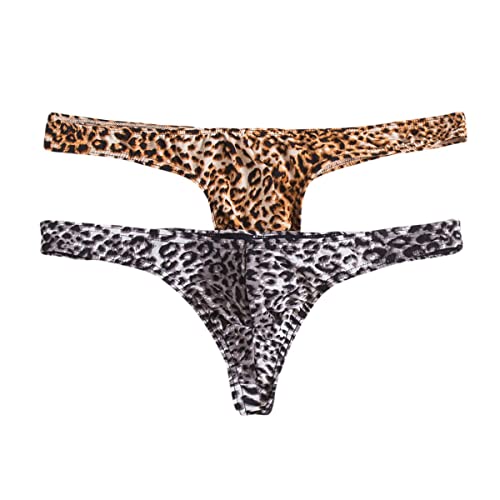 QiaTi Men's Leopard Thong Underwear Bikini Low Rise G-string Lingerie for Men Sexy Briefs Swimwear Jockstrap Pack of 2 (XXL)