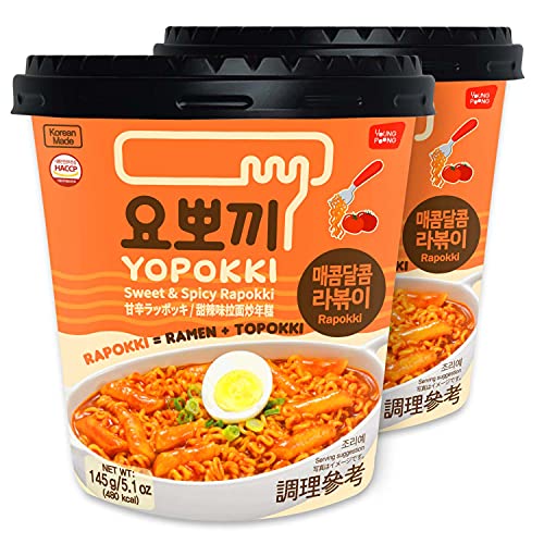 Yopokki Sweet & Mild Spicy Rabokki Cup I Ramen Noodle Tteokbokki Topokki Rice Cakes (Sweet & Mild Spicy Flavored Sauce, 2 Cup) Korean Snack