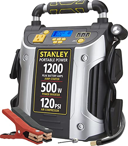 STANLEY J5CPD Digital Portable Power Station Jump Starter: 1200 Peak/600 Instant Amps, 500W Inverter, 120 PSI Air Compressor, 3.1A USB Ports, Battery Clamps