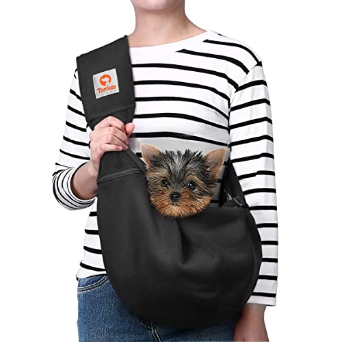 TOMKAS Dog Sling Carrier with Adjustable Strap & Zipper Pocket Puppy Sling Carrier Dog carring Carrier for Small Dogs Dog Holder for Chest Yorkie Carrier (Black)