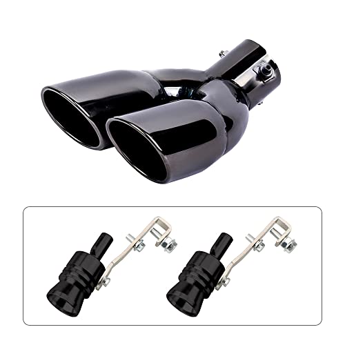 Sakali 2.5 inch Inlet Dual Exhaust Tip Stainless Steel Polished Muffler Tail Universal Bolt-On Double Outlet Tail Pipe with 2 Aluminum Turbo Sound Whistle (Black,Curved)
