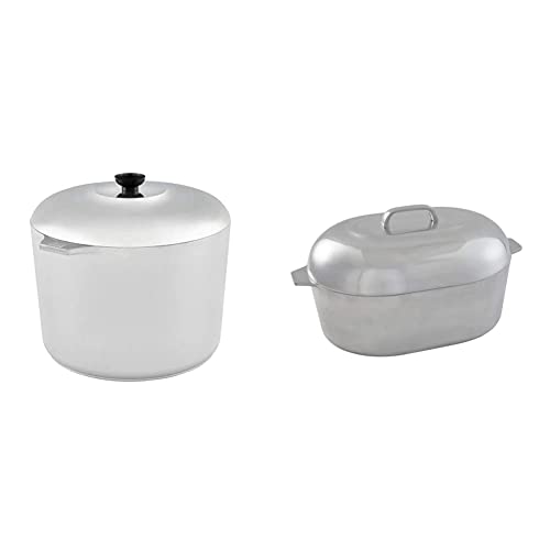 IMUSA USA Heavy Duty Cajun Aluminum Stock Pot 14 Quart, Silver & USA Heavy Duty Cajun Oval Cast Aluminum Roaster 18", Silver