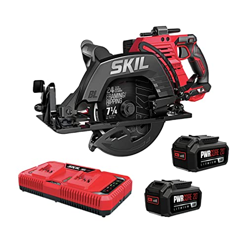 SKIL 2x20V PWR CORE 20 XP Brushless 7-1/4 Rear Handle Circular Saw Kit Includes Two 5.0Ah Batteries and Dual Port Auto PWR JUMP Charger-CR5429B-20, Red