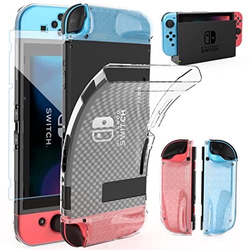 HEYSTOP Case Compatible with Nintendo Switch, Dockable Soft TPU Protective Case Cover for Nintendo Switch with Switch Tempered Glass Screen Protector and 6 Thumb Grip Caps