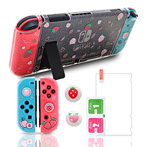 ECHZOVE Switch Glitter Case, Switch Clear Glitter Case with Tempered Glass Screen Protector and Cute Thumb Grip Caps - Strawberry