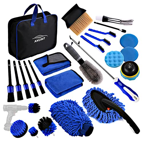 ANUINIT 27Pcs Car Detailing Kit Detailing Brush Set, Car Cleaning Kit Car Wash Kit for Car Interior & Exterior with Wheel Brush Car Wash Mitt Sponge Car Dusters Tire Hook Drill Brush Set Detailing