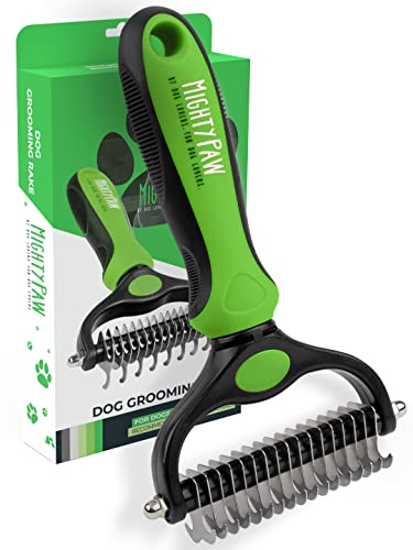 Mighty Paw Dog Grooming Brush | Pet Undercoat Dematting Rake with Rounded Teeth. Dog Comb for Detangling, Thinning, & Deshedding All Hair Types. Tool for Long Haired Shedding Dogs (Green)