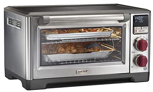 Wolf Gourmet Elite Digital Countertop Convection Toaster Oven with Temperature Probe, Stainless Steel and Red Knobs (WGCO150S)