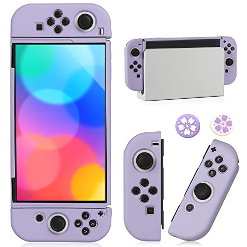 Dockable Case for Nintendo Switch OLED Model 2021, Soft TPU Protective Cover Case for Switch OLED Console and Joy-con Controller with 2 Pcs Thumb Grip, Purple