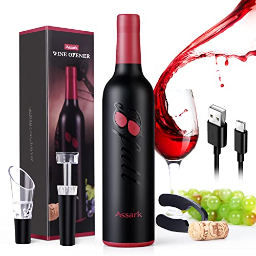 Assark Electric Wine Opener, Rechargeable Automatic Electric Wine Bottle Openers with Foil Cutter, Electric Crokscrew One-Button Reusable Corkscrew Remover for Wine Lovers Festival Home Party Gifts