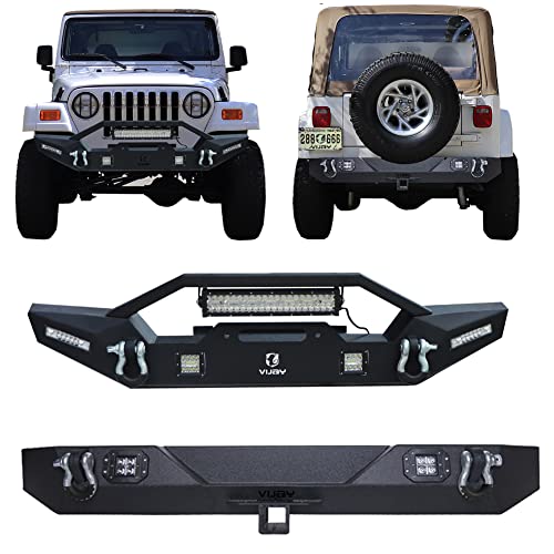 Vijay Front and Rear Bumper Fits 1997-2006 Wrangler TJ with Winch Plate and LED Lights and D-rings