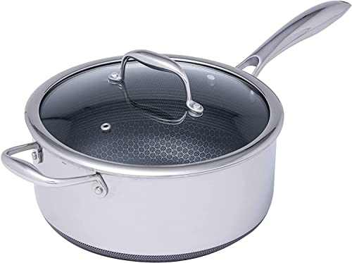 HexClad 5 Quart Saucepan and Tempered Glass Lid, Stay-Cool Handle, Dishwasher and Oven Safe, Metal Utensil Friendly