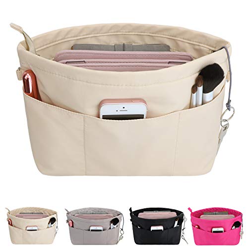 HyFanStr Purse Organizer Insert with Zipped Top for Tote Bag, Handbag Shaper with 13 Pockets, Beige XS