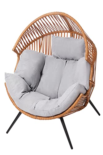 LUCKYBERRY Patio Outdoor & Indoor Egg Chair PE Rope Open Weave Egg Chair with Stand Lounge Chair for Front Porch, Backyard, Living Room, Bedroom Grey