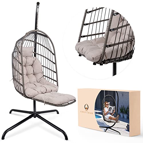 Coco Chair Hanging Egg Chair with Stand & Leg Rest | Gray Egg Chair Outdoor with Included Pillow | Swinging Chair for Outdoor and Indoor| Foldable Egg Chair | Perfect Swing Chair for Summer