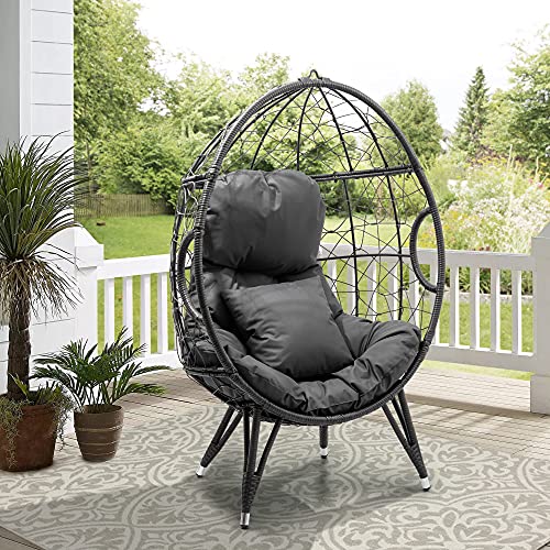 Crestlive Products Patio Wicker Egg Chair with Cushion and Pillow, PE Rattan Hanging Basket Lounge Chair with Legs, Teardrop Cuddle for Indoor Outdoor Bedroom Garden Deck Balcony (Dark Gray)