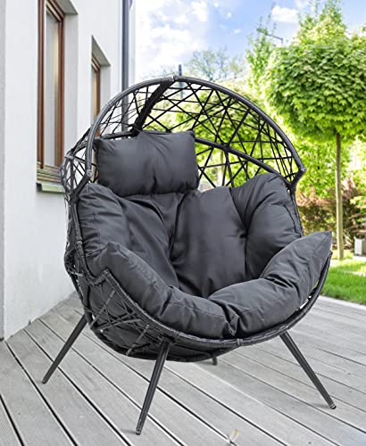 GOOGIC Patio Wicker Egg Chair, Egg Basket Chair with Cushion, Outdoor Patio Lounge Basket with Stand for Patio Backyard Porch - Dark Gray