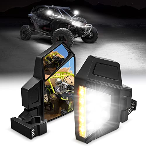 UTV Side Mirrors with Lights Fit 1-2.2" Roll Bar Cage, Bumbee 51W Flood White Driving Lights/Amber Turn Signal Lights RZR Mirrors Compatible with Polaris Ranger Can-Am X3 Kawasaki (2 Pack)