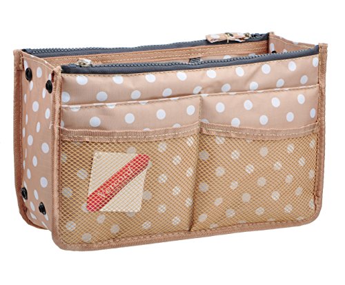 Vercord Updated Purse Handbag Organizer Insert Liner Bag in Bag 13 Pockets Beige Dot Small