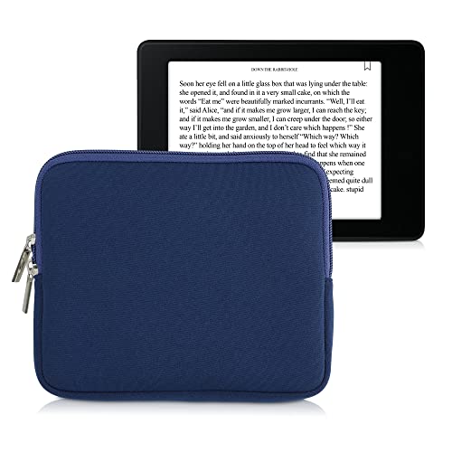 kwmobile Neoprene e-Reader Pouch Size 6,8-7" eReader - Universal eBook Sleeve Case with Zipper, Wrist Strap - Dark Blue