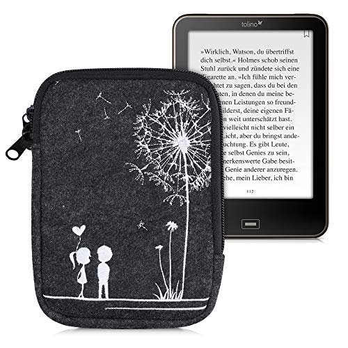 kwmobile Felt e-Reader Pouch - Universal eBook Protective Sleeve Case with Zipper Closure - Dandelion Love Dark Grey/White