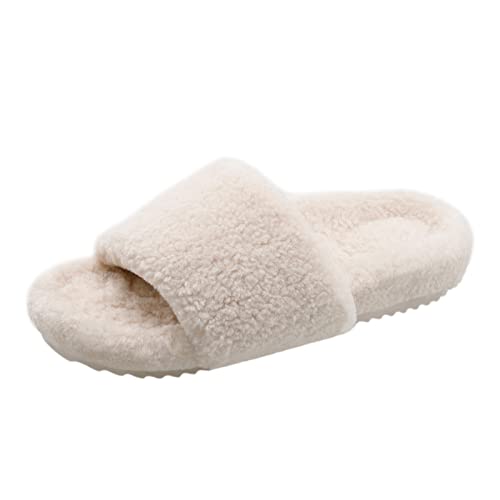 BCTEX COLL Women's Open Toe House Slippers With Cork Feetbed Fuzzy Slippers for LadiesBeige 7